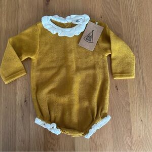 Lili Lotte (French) Mustard Knit Romper with Cream Trim